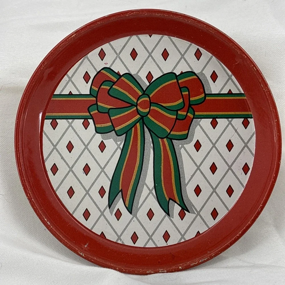 Vintage‎ Metal Christmas Drink Coasters Red Green Bow Retro 1960